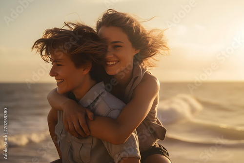 young lesbian couple piggyback on a sea beach vacation, Generative AI