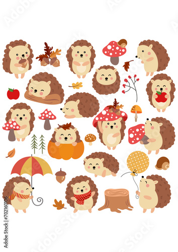 Autumn little brown hedgehogs set