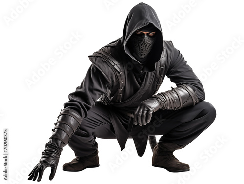 Silent Predator Crouching Ninja Assassin Clad in Black, Poised for Stealth Action isolated on transparent background