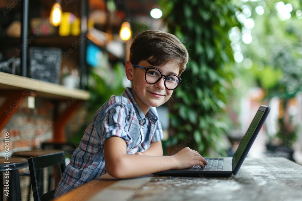 Boy sitting at the table, using the laptop for online lesson learning Boy sitting at the table, using the laptop for online lesson learning