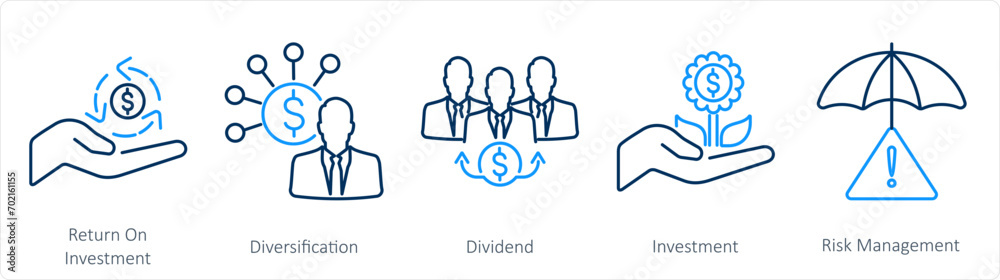 A set of 5 Investment icons as return on investment, diversification, dividend