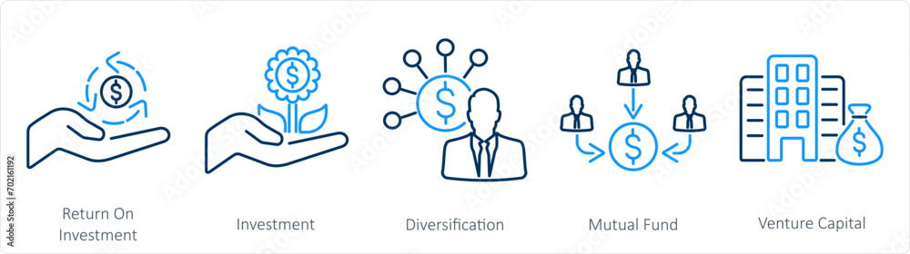 A set of 5 Investment icons as investment, diversification, mutual fund A set of 5 Investment icons as investment, diversification, mutual fund