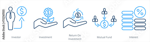 A set of 5 Investment icons as investor, investment, return on investment