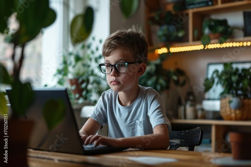 Boy sitting at the table, using the laptop for online lesson learning