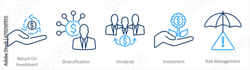 A set of 5 Investment icons as return on investment, diversification, dividend photo