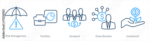 A set of 5 Investment icons as risk management, portfolio, dividend