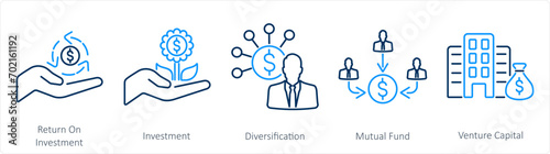 A set of 5 Investment icons as investment, diversification, mutual fund