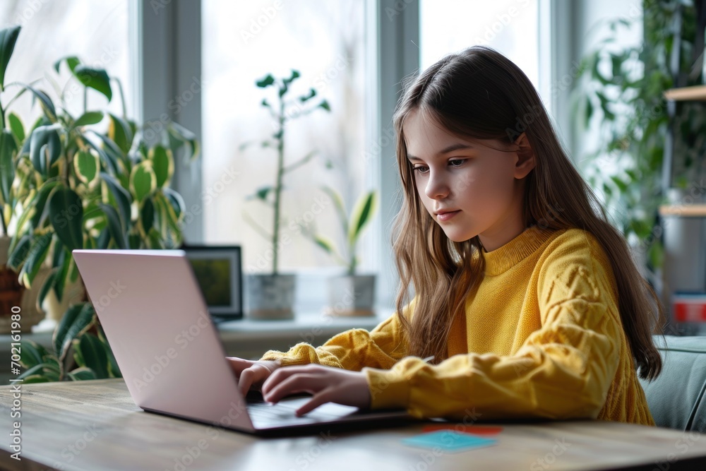 Girl sitting at the table, using the laptop for online lesson Girl sitting at the table, using the laptop for online lesson