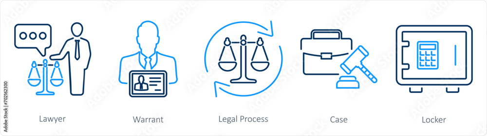 A set of 5 Justice icons as lawyer, warrant, legal process A set of 5 Justice icons as lawyer, warrant, legal process