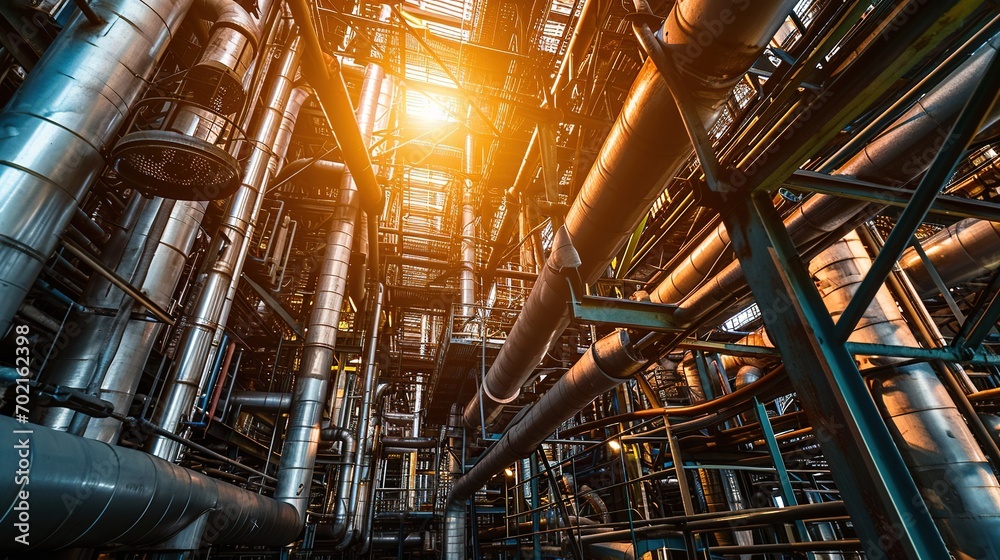 Equipment, wires, and pipelines found inside an industrial power plant.