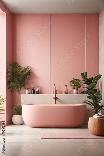 Modern minimalist bathroom interior  pink bathroom cabinet  pink sink  wooden vanity  interior plants  bathroom accessories  white bathtub  concrete wall  terrazzo flooring.
