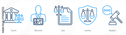 A set of 5 Justice icons as court, warrant, law