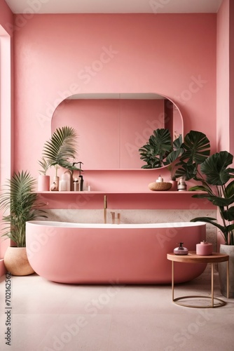 Modern minimalist bathroom interior, pink bathroom cabinet, pink sink, wooden vanity, interior plants, bathroom accessories, white bathtub, concrete wall, terrazzo flooring.