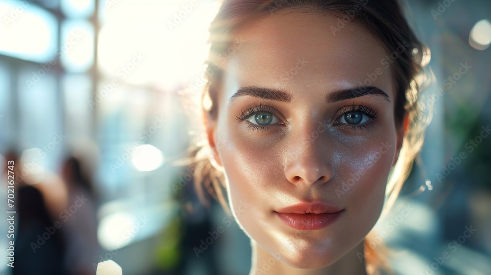 Face of beautiful woman on the background of business people, copy space Face of beautiful woman on the background of business people, copy space