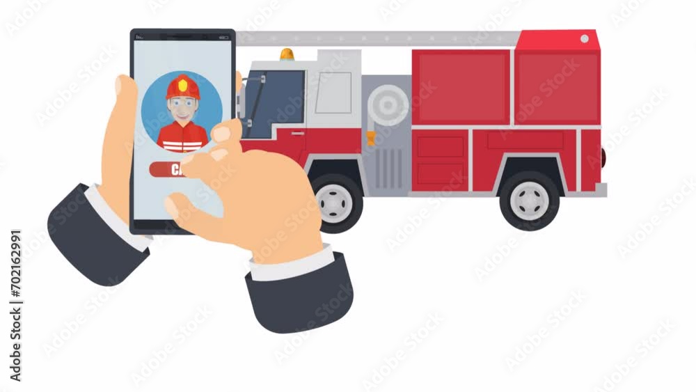 Animation of calling a fire truck on a mobile phone, alpha channel. Cartoon Animation of calling a fire truck on a mobile phone, alpha channel. Cartoon