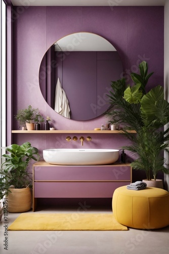 Modern minimalist bathroom interior, purple bathroom cabinet, yellow sink, wooden vanity, interior plants, bathroom accessories, white bathtub, concrete wall, terrazzo flooring.