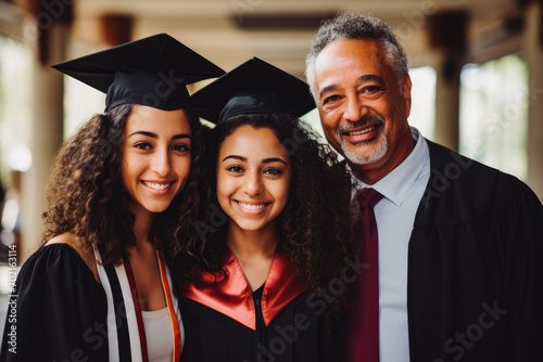 Female student celebrating graduation with their proud parents, mixed race. Celebrating big life events together, proud immigrant parents.