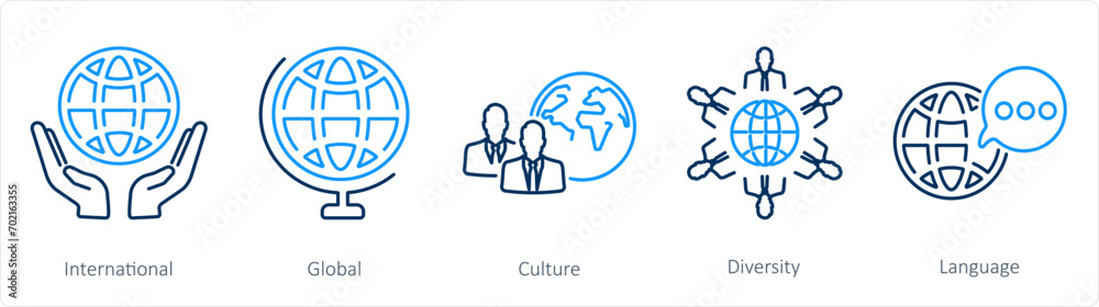 A set of 5 Language icons as international, global, culture A set of 5 Language icons as international, global, culture
