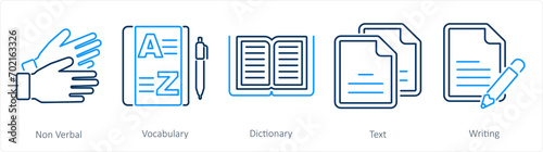 A set of 5 Language icons as non verbal, vocabulary, dictionary