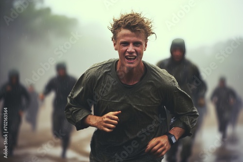 modern american soldiers participating in physical fitness drills and exercises, running under rain photo