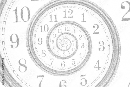 Vintage abstract stipple infinite spiral clock face isolated on a white background. Surreal dotted halftone watch twisted time concept. Vector illustration
