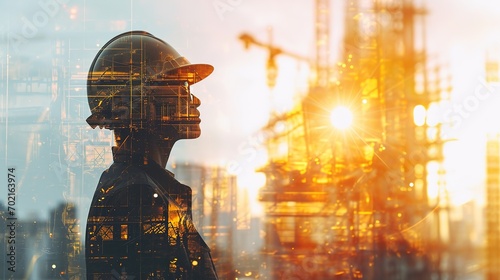 Future building construction engineering project with double exposure graphic design. Building engineers, architects, and construction workers who use advanced civil equipment technologies