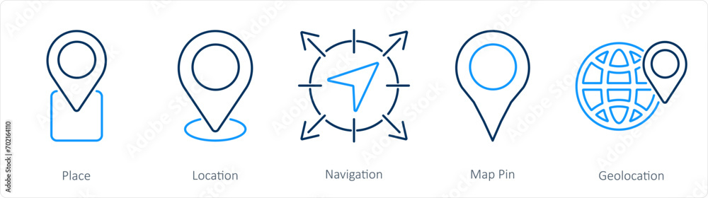 A set of 5 Location icons as place, location, navigation A set of 5 Location icons as place, location, navigation
