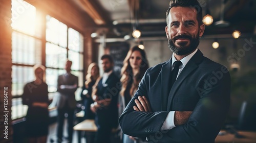 Group of amicable businesspeople with a male leader in front, copy space.