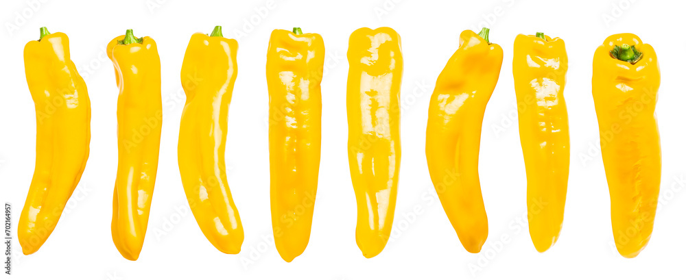 Fresh yellow capsicum sweet pepper isolated. A set of peppers. vertically. - obrazy, fototapety, plakaty 