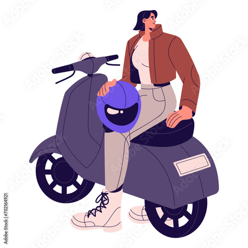 Happy girl sitting on scooter, holds helmet. Motorcyclist rides on motorbike, drives motorcycle. Electric moped, fast eco transport, moto vehicle. Flat isolated vector illustration on white background