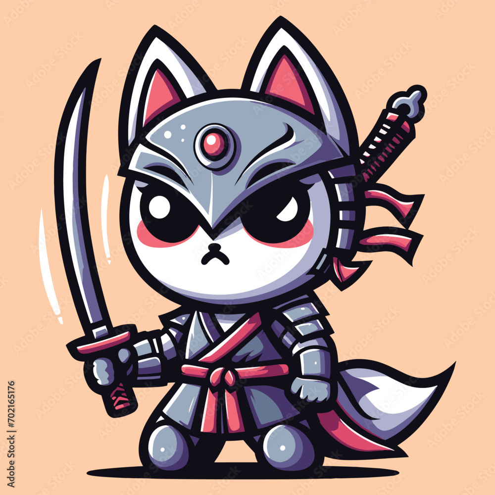 Free vector cute kitsune warrior with hold katana cartoon  flat isolated illustration
