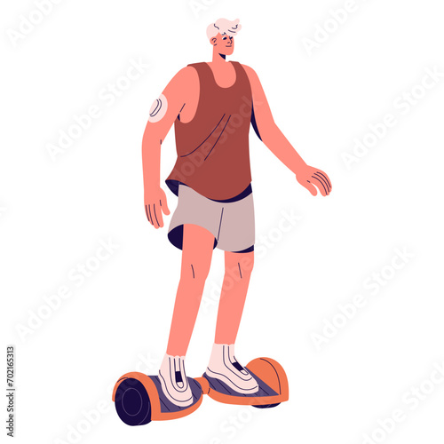 Happy guy rides on hoverboard. Young man drives balancing board with motorized wheels. Urban eco transport, electric vehicle. Active lifestyle with diabetes. Flat isolated vector illustration on white