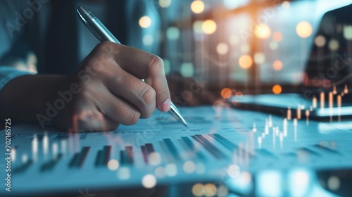 Hand of businessman with pen analyzing graphs and chart in office