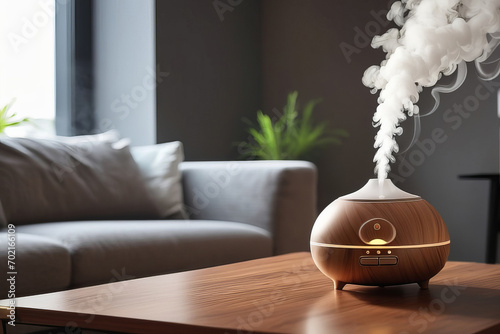Aroma oil diffuser with rising steam flow on table in living room. photo
