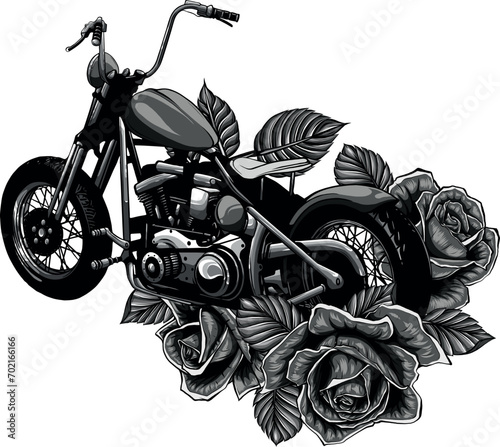 monochromatic illustration of motorcycle bike with roses
