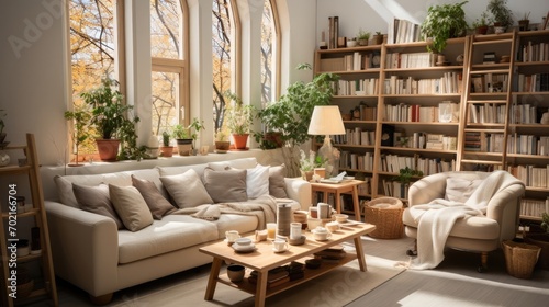 Warm literary retreat with sunlight filtering through, a reader's paradise