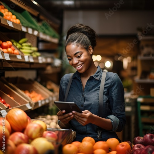 satisfied black female clerk working in supermarket