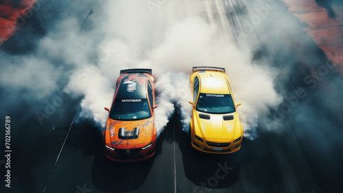 Aerial top view two car drift battle on asphalt race track, Automobile and automotive car view from above photo