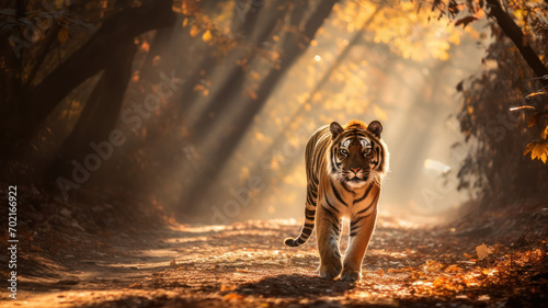 realistic tiger with bushy tail and black ears, walking on a dirt path through a forest with tall trees and colorful leaves, with rays of sunlight and mist creating magical atmosphere