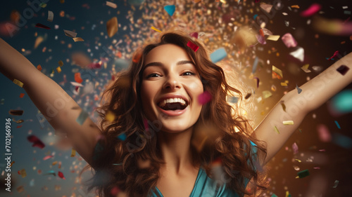 happy woman celebrating new year in colorful confetti