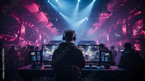 Gamer in headset at vibrant eSports event