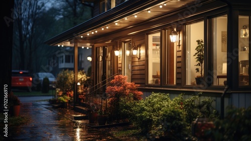 Warmly lit housefront on a rainy evening photo