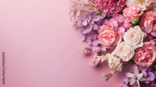 Bouquet of beautiful flowers on pink background, top view. Space for text