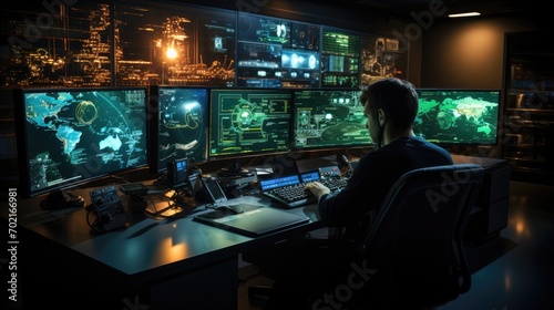 Tech operator monitoring global network screens