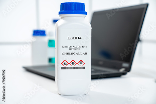 LiAlH4 lithium aluminium hydride CAS  chemical substance in white plastic laboratory packaging photo