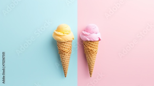 flat lay simplicity back ground of summer strawberry vanilla ice cream cone on clear clean background, sweet and cold ice-cream scoop in wafer cone, Generative Ai