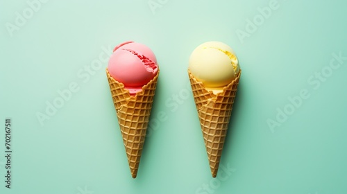flat lay simplicity back ground of summer strawberry vanilla ice cream cone on clear clean green mint background, sweet and cold ice-cream scoop in wafer cone, Generative Ai