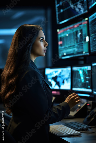 Young female security expert monitoring AI-driven systems in control room photo