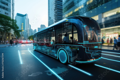 autonomous AI-driven bus on city street with blue lights photo
