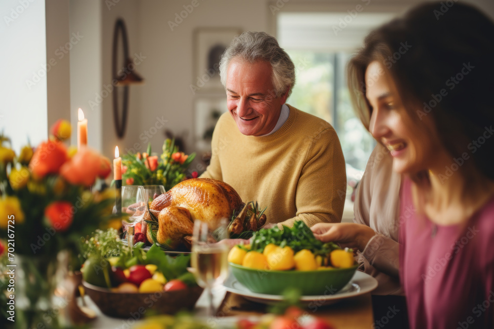 Family laughing while preparing Easter dinner indoors